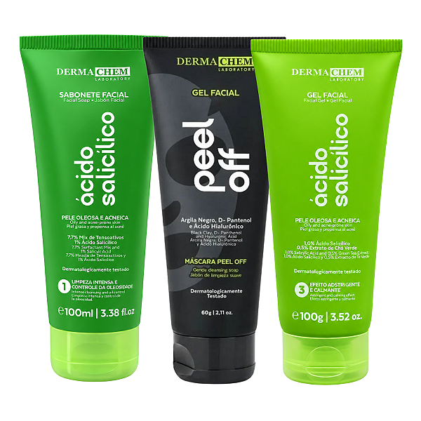 Kit Dermachem Ácido Salicílico:Sabonete Facial 100ml, Gel Facial 100g e Argila Negra