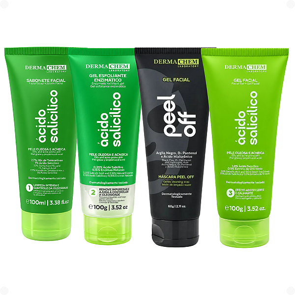 Kit Dermachem Ácido Salicílico:Sabonete Facial, Gel Esfoliante, Gel Facial e Argila Negra