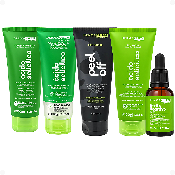 Kit Dermachem Ácido Salicílico:Sabonete Facial, Gel Esfoliante, Gel Facial, Sérum e Argila Negra