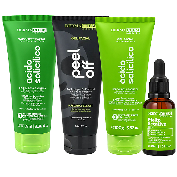 Kit Dermachem Ácido Salicílico:Sabonete Facial, Gel Facial, Sérum Facial e Argila Negra