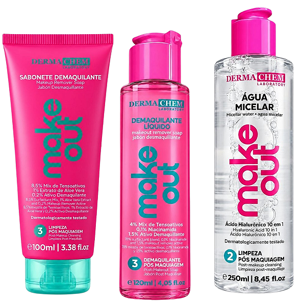 Kit Dermachem Make Out: Sabonete Demaquilante, Demaquilante Líquido e Água Micelar