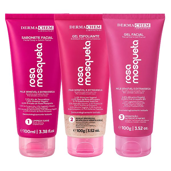 Kit Dermachem Rosa Mosqueta: Sabonete Facial 100ml, Gel Esfoliante e Gel Facial 100g