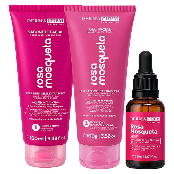 Kit Dermachem Rosa Mosqueta: Sabonete Facial 100ml, Gel Facial 100g e Sérum Facial