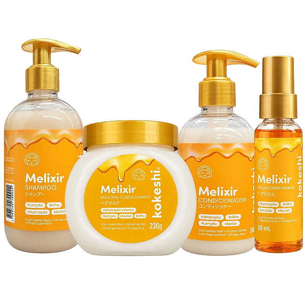 Kit Kokeshi Melixir Extrato De Mel: Shampoo, Condicionador 250ml, Máscara 230g e Sérum Condicionante 30g
