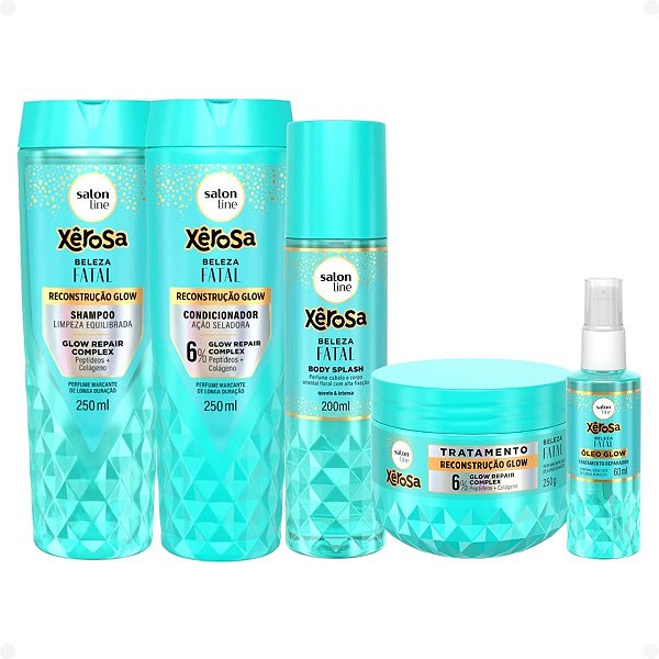 Kit Salon Line Xêrosa Beleza Fatal: Shampoo, Condicionador 250ml, Máscara 250g, Óleo Capilar 60ml e Body Splash 200ml