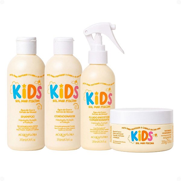 Kit Acquaflora Kids Sol Mar Piscina: Shampoo, Condicionador, Fluido Protetor 200ml e Tratamento Condicionante 200g