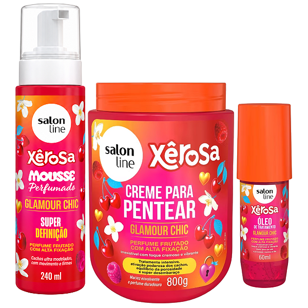 Kit Salon Line Xêrosa Glamour Chic: Creme Para Pentear, Mousse Perfumado e Óleo De Tratamento