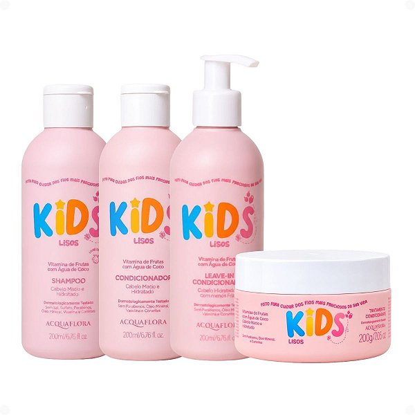 Kit Acquaflora Kids Lisos: Shampoo, Condicionador, Leave-in 200ml e Tratamento Condicionante 200g