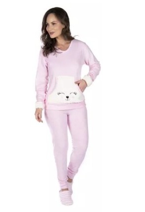 Pijama Adulto Feminino Plush Bolso Kanguru Quentinho Inverno