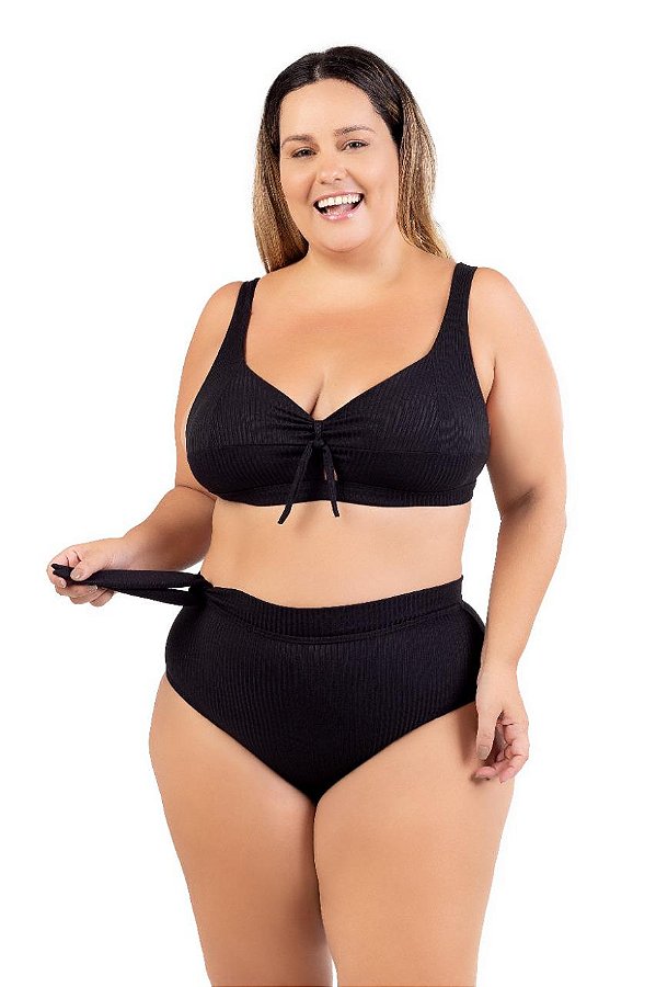 Biquini Plus Size Cintura Alta Lacinho Lateral Preto Reforça