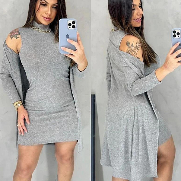 DUPLICADO - Cardigã + vestido cinza feminino tamanho G