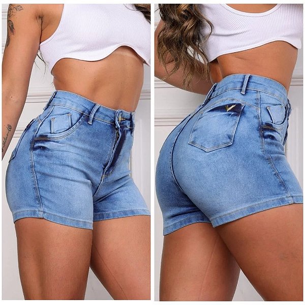 short jeans cintura alta tamanho 44 no jeans escuro e claro