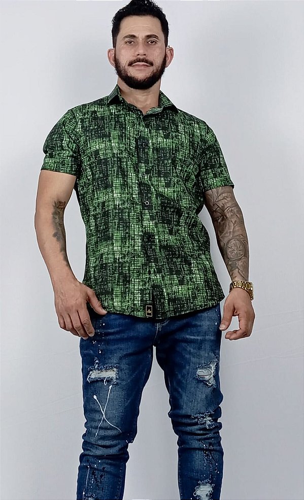 Camisa Slim Masculina Estampada Verde