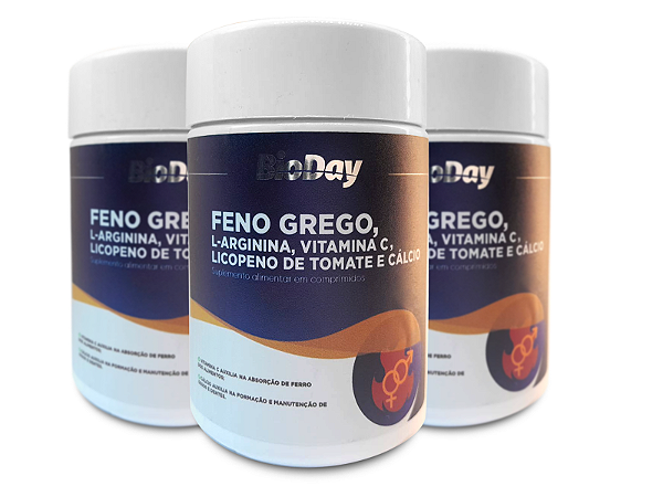 Feno Grego, L-Arginina, Vitamina C, Licopeno, Cálcio - Frasco 60 Comp. kit com 3 frasco.