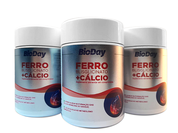 Ferro Bisglicinato com Cálcio - Frasco 60 Comp. kit com 3 frasco.
