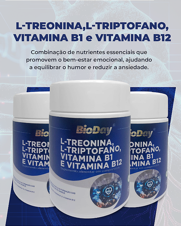 L-Treonina, L-Triptofano, Vitamina B1 e B12 - Frasco 60 Comp. kit com 3 frasco.