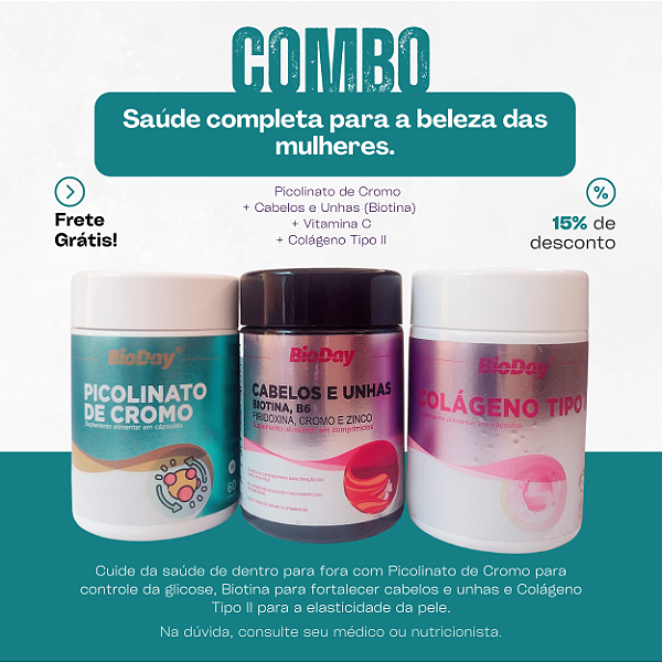 Picolinato de Cromo + Cabelos e Unhas (Biotina) + Colágeno Tipo II