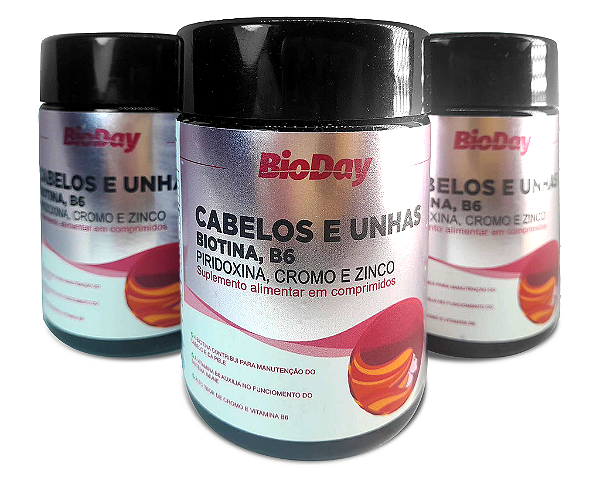 kit 3 Cabelos e Unhas (Biotina, Vitamina B6, Cromo, Zinco) - Frasco 60 Comp. 1 Unidade.