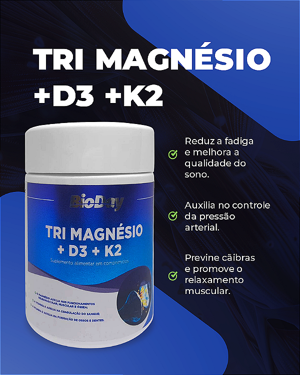 Tri Magnésio + Vitamina D3 e K2 - Frasco 90 Comp. 1 Unidade.