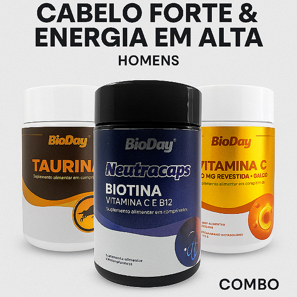 PowerHair homens  & Energia Alta performance com 7.500 mcg de Biotina + B12,taurina e vitamina C revestida (kit)