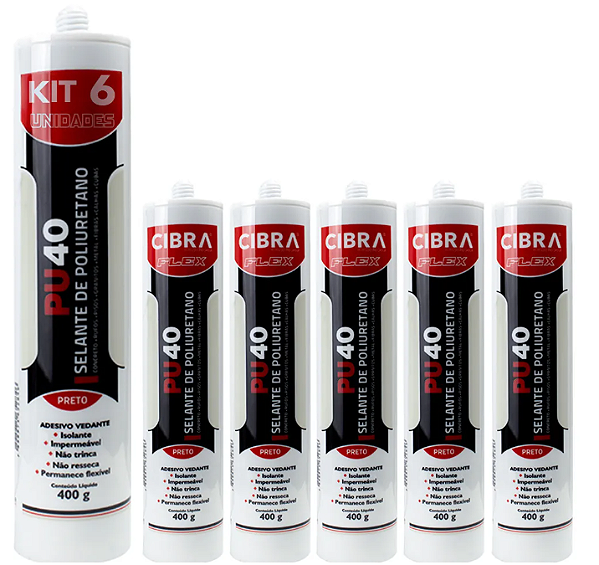 Kit 06 Selantes PU 40 Selante de Poliuretano Adesivo Vedante Cibra Flex Preto