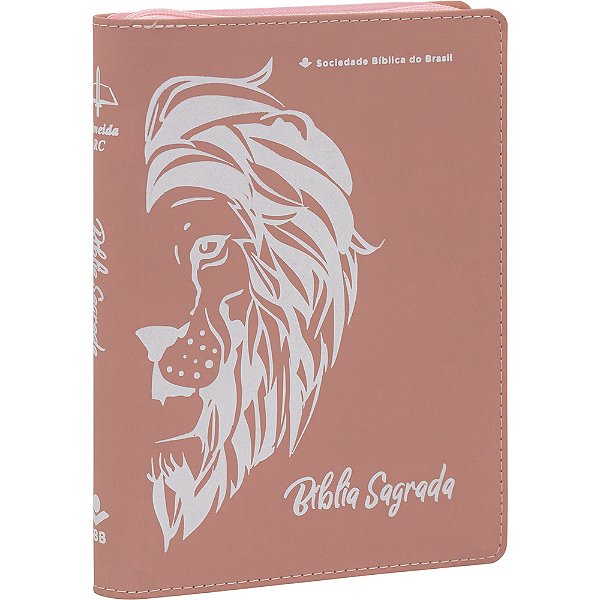 Bíblia Linha Ouro - Leão, Letra Grande, Capa Rosa, Índice Impresso, Beira Pintada E Zíper Almeida Revista E Corrigida (Arc)
