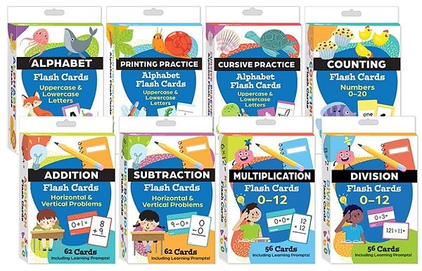 Literacy & Math Flash Cards Complete 8-Deck Set: Alphabet, Printing, Cursive, Counting, Addition, Subtraction, Multiplication, & Division-..