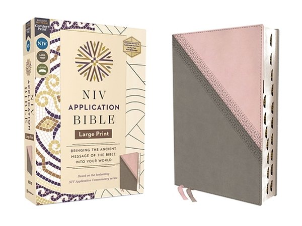 Niv Application Bible, Large Print, Leathersoft, Pink/Gray, Red Letter, Thumb Indexed, Comfort Print: Bringing The Ancient Message Of The Bible Into Y-..