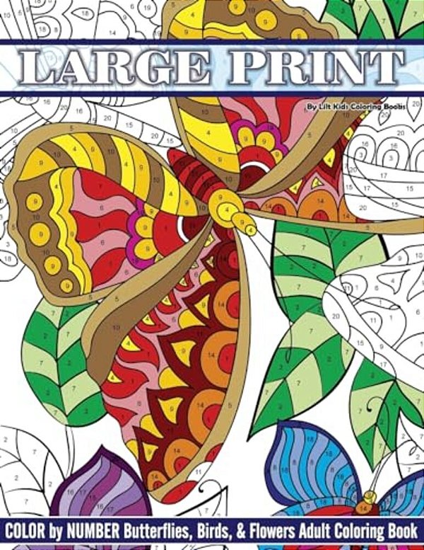 Large Print Color By Number Butterflies, Birds, And Flowers Adult Coloring Book-..