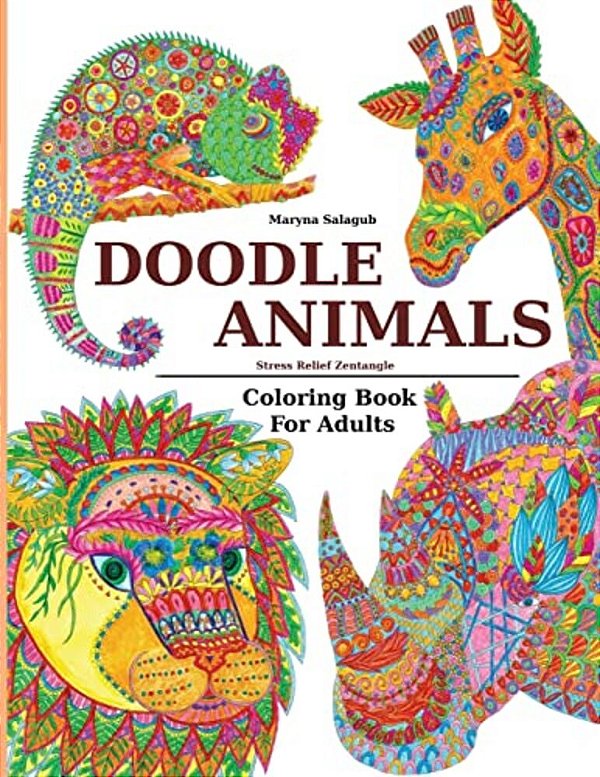 Doodle Animals Stress Relief Zentangle Coloring Book For Adults-..