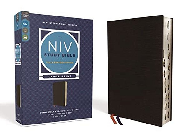 Niv Study Bible, Fully Revised Edition, Large Print, Bonded Leather, Black, Red Letter, Thumb Indexed, Comfort Print-..