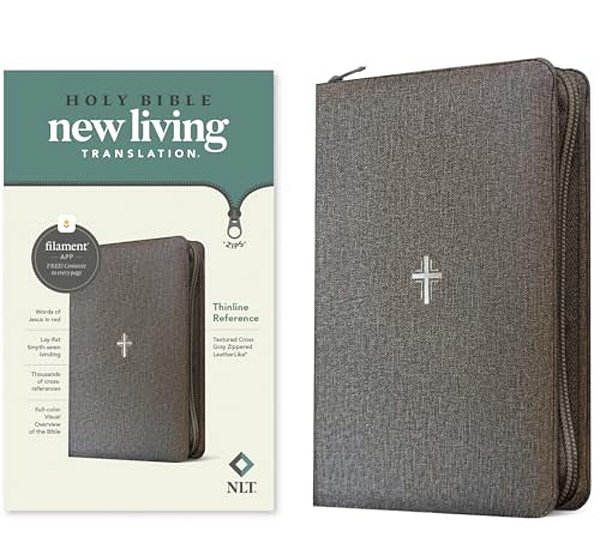 Nlt Thinline Reference Zipper Bible, Filament Enabled (Leatherlike, Textured Cross Gray, Red Letter)-..
