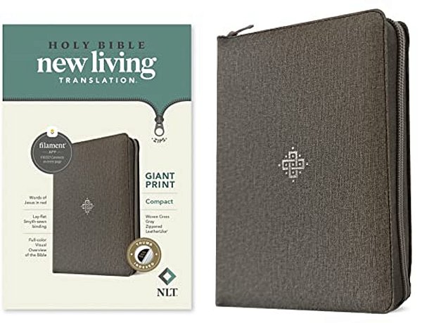 Nlt Compact Giant Print Zipper Bible, Filament Enabled (Leatherlike, Woven Cross Gray, Indexed, Red Letter)-..