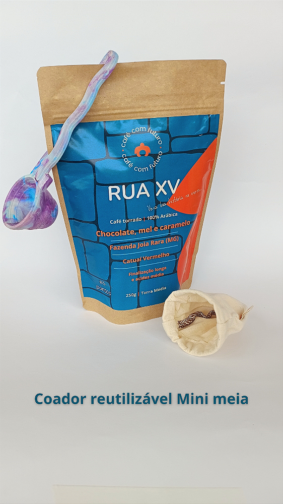 Trio: Café Rua XV + Coador reutilizável + Dosador do Futuro (Cores 2)