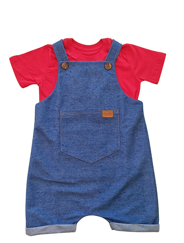 Conjunto Infantil camiseta básica e Jardineira Curta jeans fake