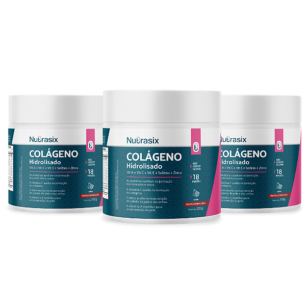 Combo 3 Colágeno Hidrolisado 225g - Sabor Frutas Vermelhas - Nutrasix