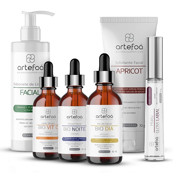 KIT SKINCARE ROTINA SABONETE FACIAL + 3 SERUNS + ESFOLIANTE + HIALU GLOSS FRAMBOESA