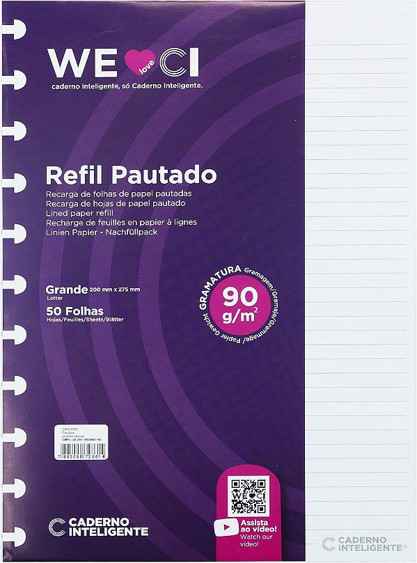 REFIL CADERNO INTELIGENTE GRANDE PAUTADO 90G. 50F