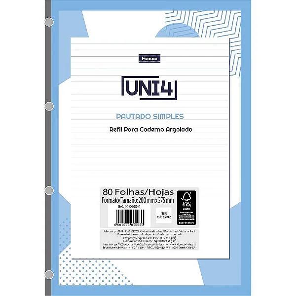 BLOCO PARA FICHARIO UNIVERSIT. UNI 4 BRANCO 80FLS
