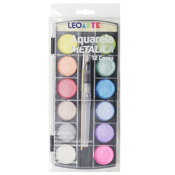 AQUARELA 12 CORES METALICAS ESTOJO LEOARTE