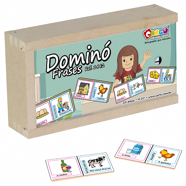 DOMINO DE FRASES MDF 28PCS CAIXA MADEIRA