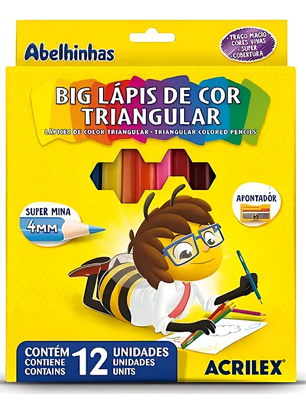 LÁPIS DE COR ACRILEX BIG TRIANGULAR 12 CORES COM APONTADOR