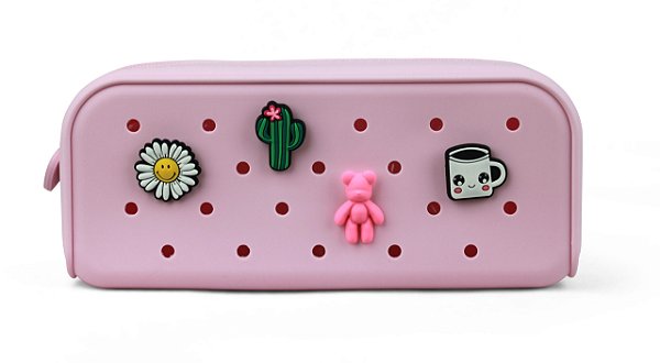 ESTOJO ESCOLAR SILICONE C/ 4 PINGENTES ROSA