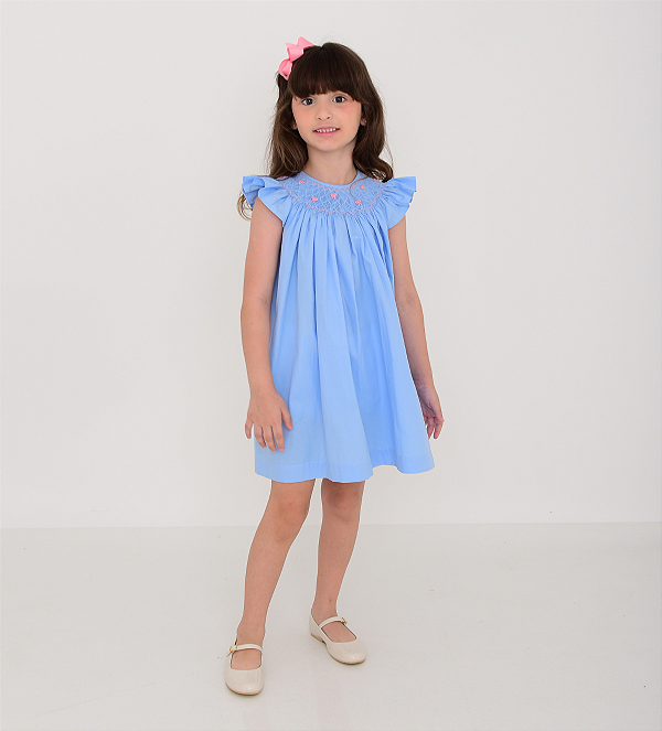 Vestido Mariah Azul Bordado Laço
