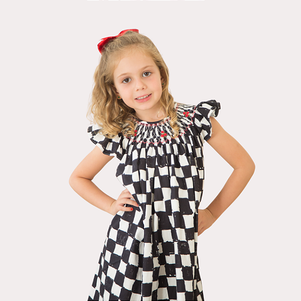 Vestido Mariah Xadrez PB Bordado Rococó Vermelho