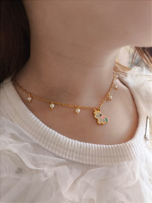 Colar unicornio infantil banho ouro 18k