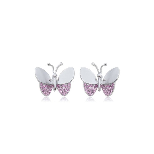 Brinco borboleta com zirconia rosa banho rodio branco