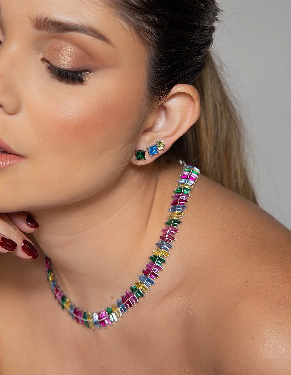 Colar zirconias coloridas banho rodio branco