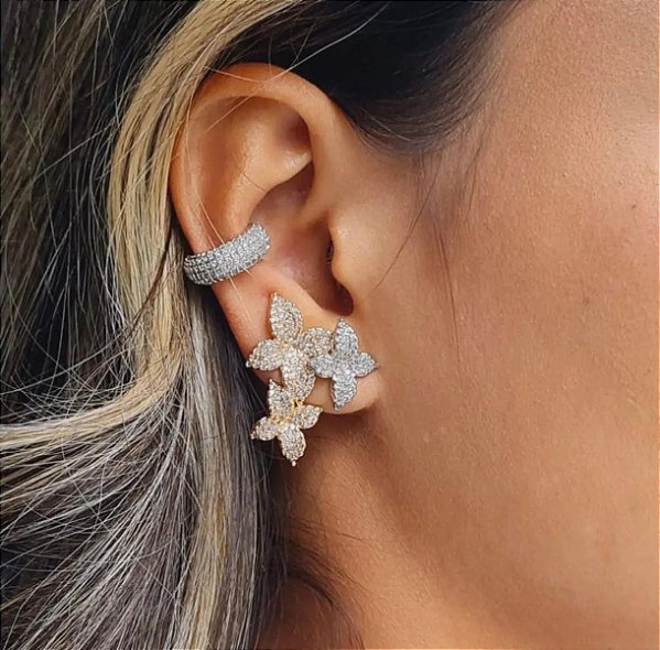 Brinco ear cuff camelia flor banho ouro 18k