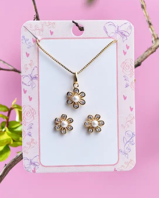 Conjunto brinco e colar flor infantil banho ouro 18k